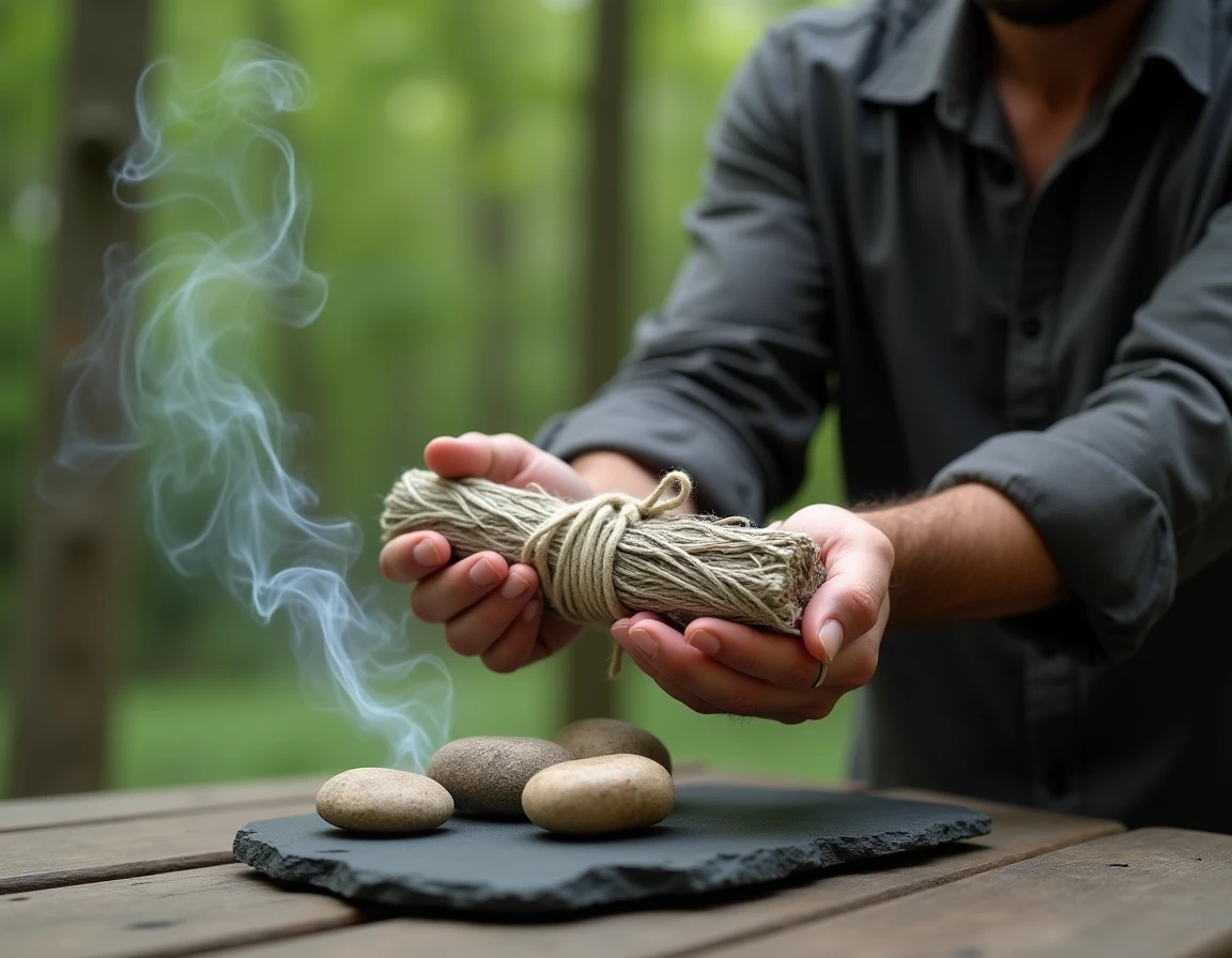 Homme purifiant des pierres avec un bâton de sauge blanche dont la fumée enveloppe les cristaux posés sur une surface en ardoise, rituel de purification par la fumée
