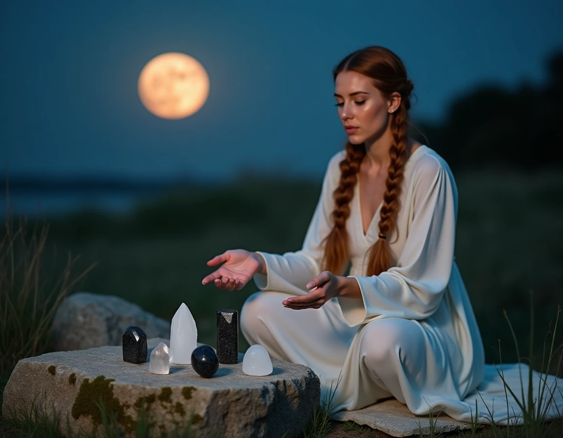 Femme disposant des pierres précieuses purifiées sous la lumière de la pleine lune dans un jardin naturel, pratique ancienne de recharge et purification des cristaux
