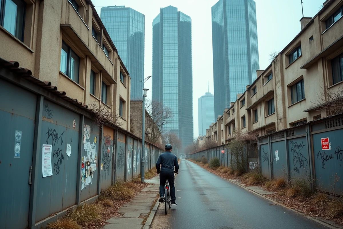 Contraste urbain à Puteaux entre quartier résidentiel dégradé et tours de La Défense en arrière-plan