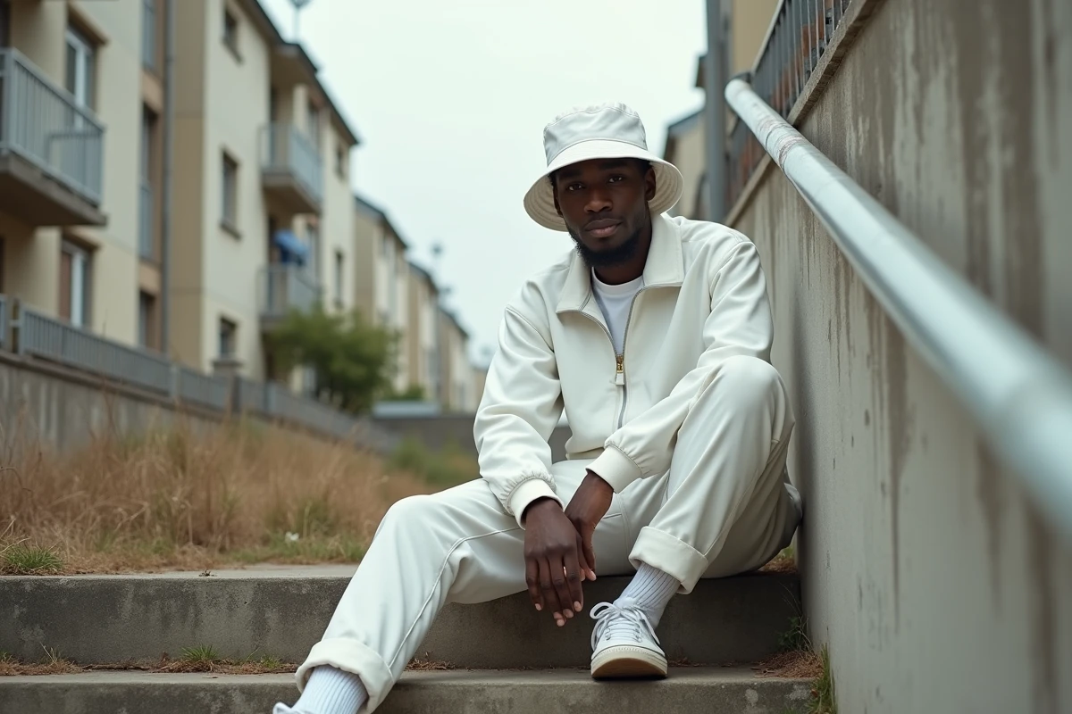 Rappeur assis sur des escaliers en béton dans une cité de banlieue française, ambiance authentique rap urbain