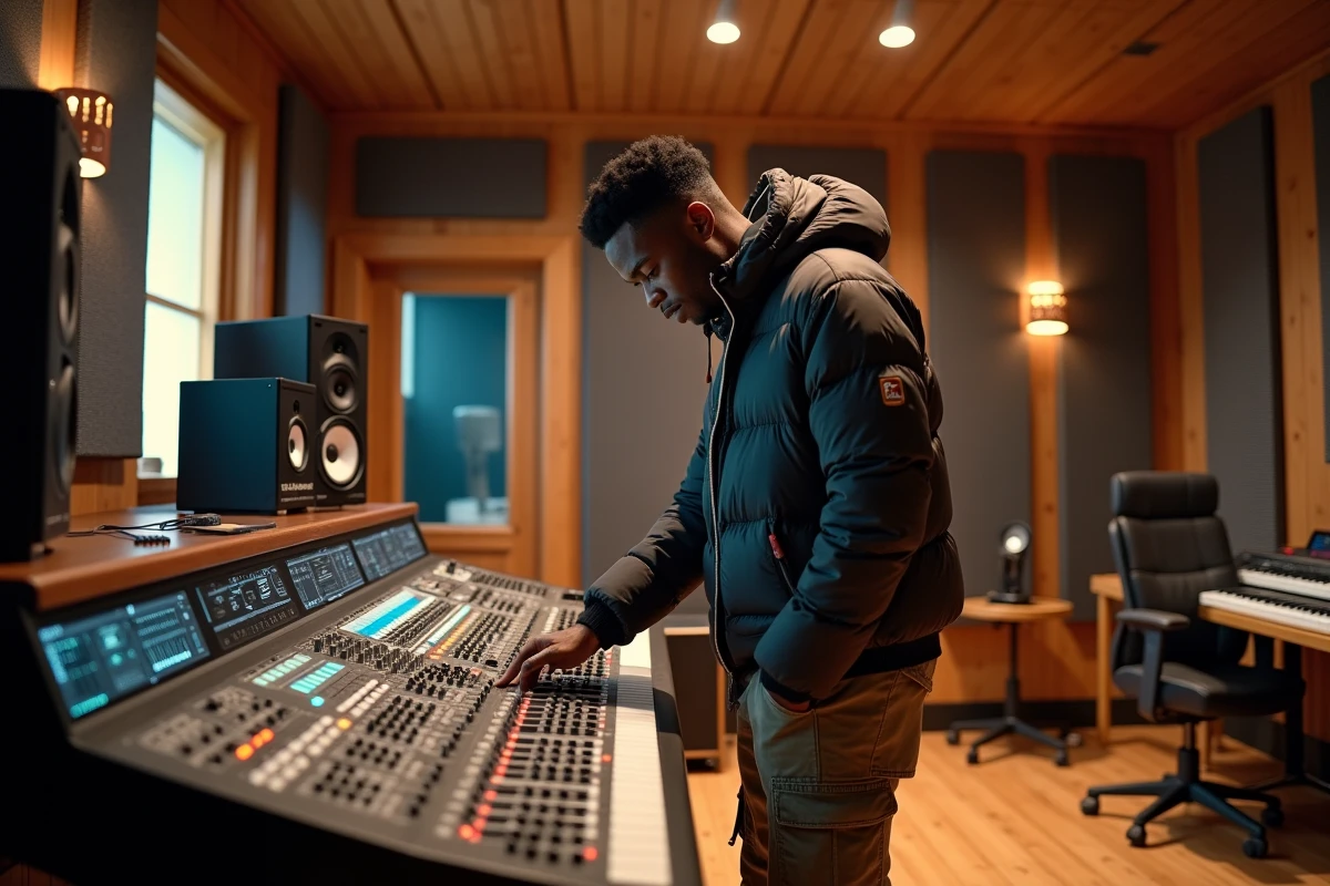 Rappeur en studio d'enregistrement professionnel derrière une console de mixage, atmosphère créative et authentique