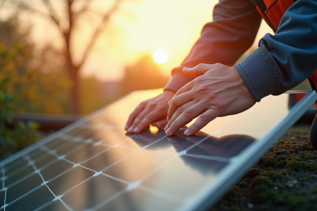 Technicien ajustant des panneaux solaires sur un toit normand