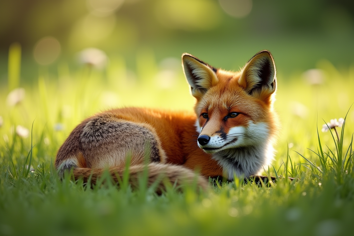 Renard roux reposant dans une prairie verte
