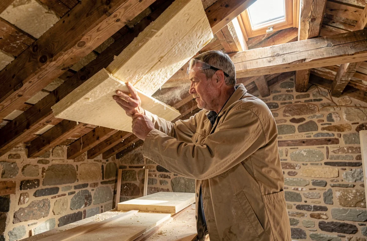 Spécialiste de Renov'traite installant des panneaux d'isolation thermique sous les chevrons d'une maison en pierre de la Drôme