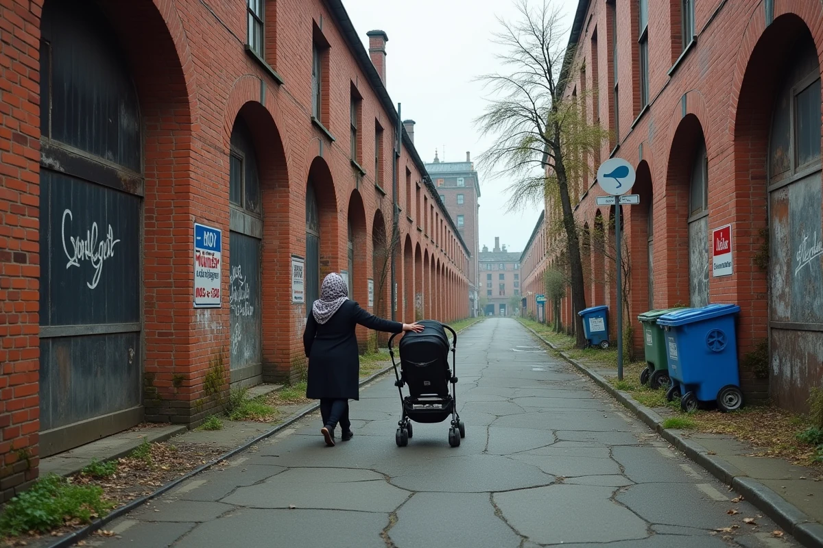Rue de Roubaix dans le quartier textile avec anciennes usines abandonnées et passante avec poussette
