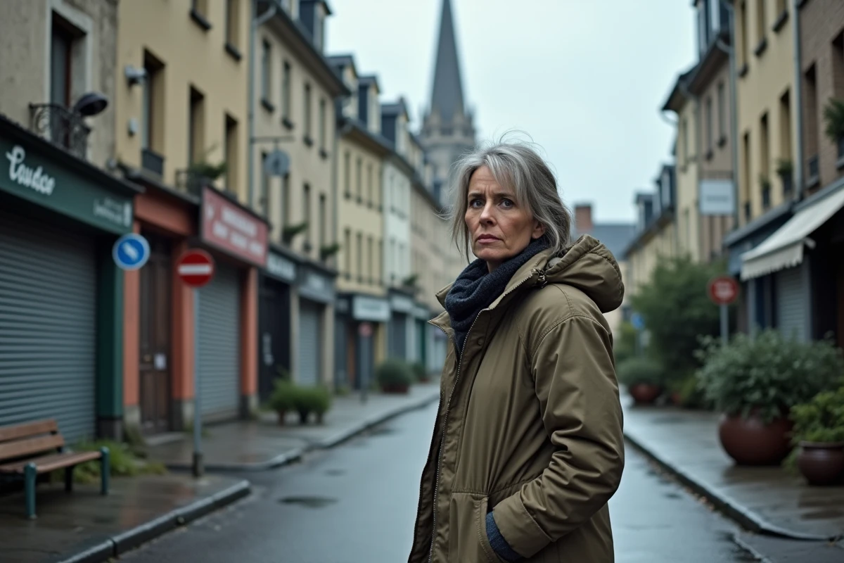 Femme traversant une rue mouillée dans un quartier populaire de Rouen avec immeubles dégradés en arrière-plan