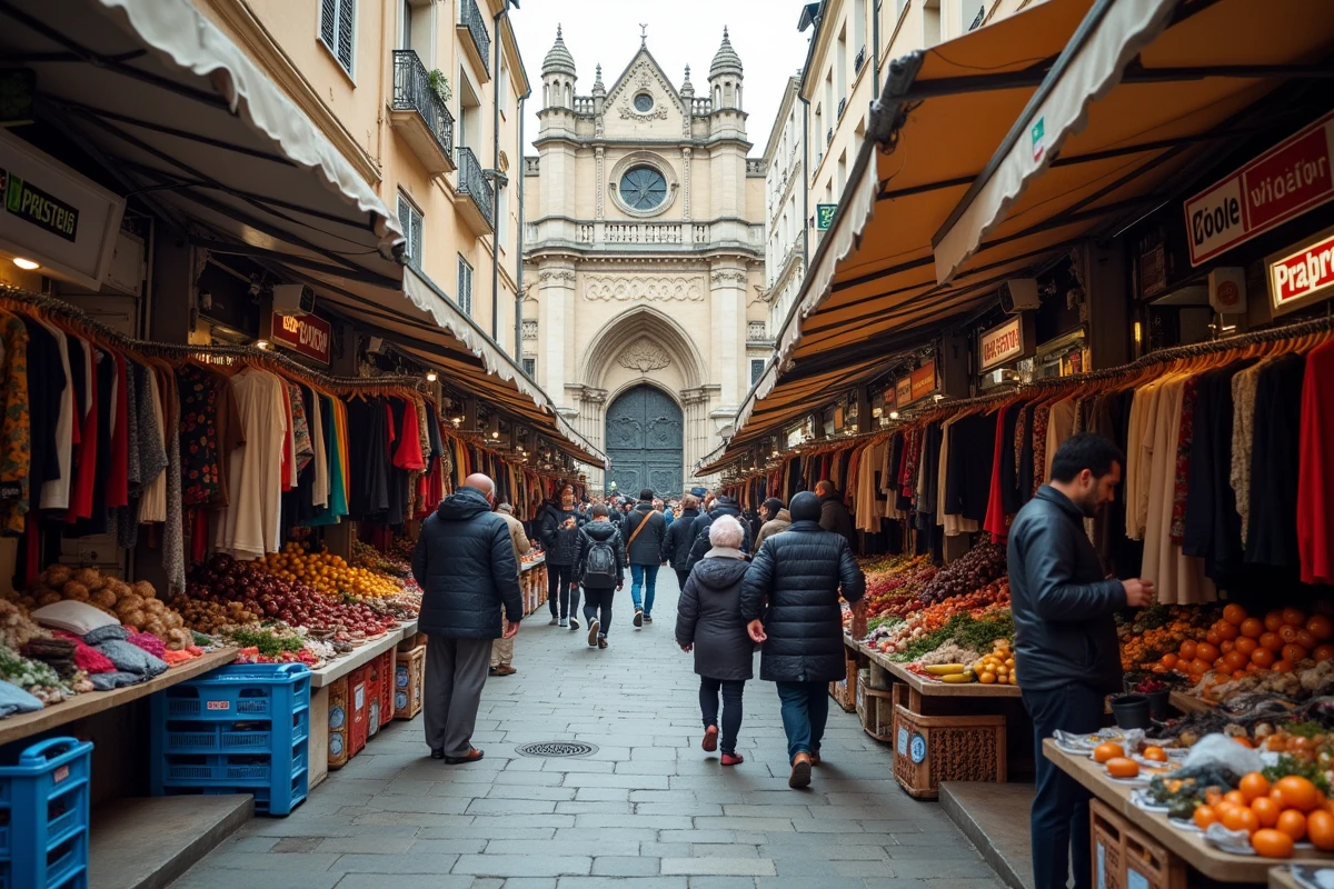 Marché populaire animé à Saint-Denis avec la Basilique gothique visible en arrière-plan