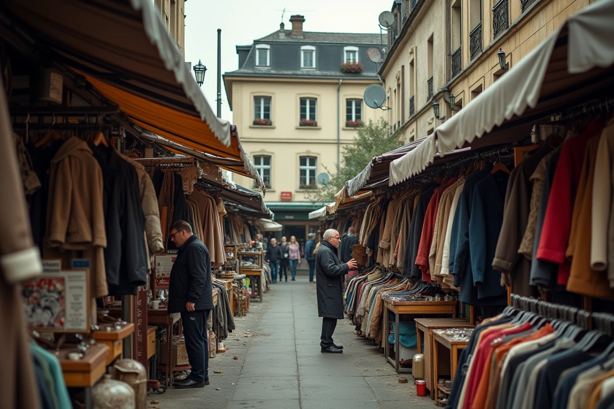 Allée du Marché aux Puces de Saint-Ouen avec vendeur et immeubles résidentiels dégradés en arrière-plan