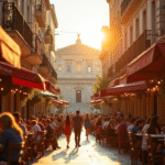 Scène de rue animée à Athènes au coucher du soleil