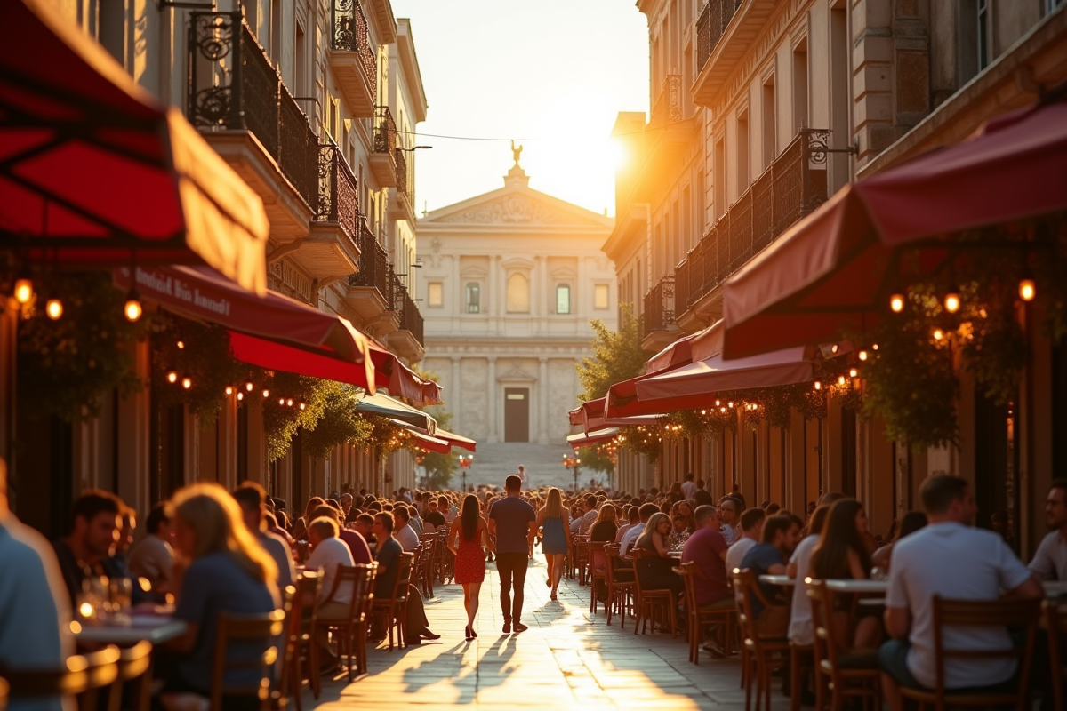 Scène de rue animée à Athènes au coucher du soleil