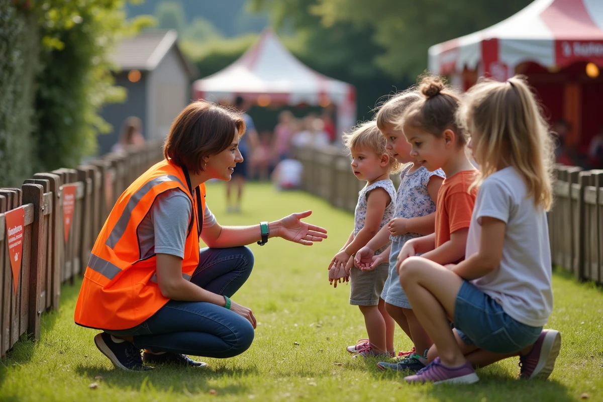 Bénévole de sécurité accompagnant des enfants dans un espace dédié lors d'une fête de village