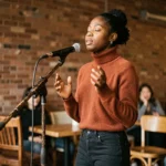 Jeune femme récitant du slam poésie sur scène dans un café culturel intimiste avec micro ouvert