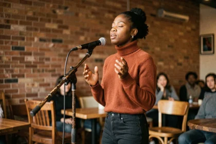 Jeune femme récitant du slam poésie sur scène dans un café culturel intimiste avec micro ouvert