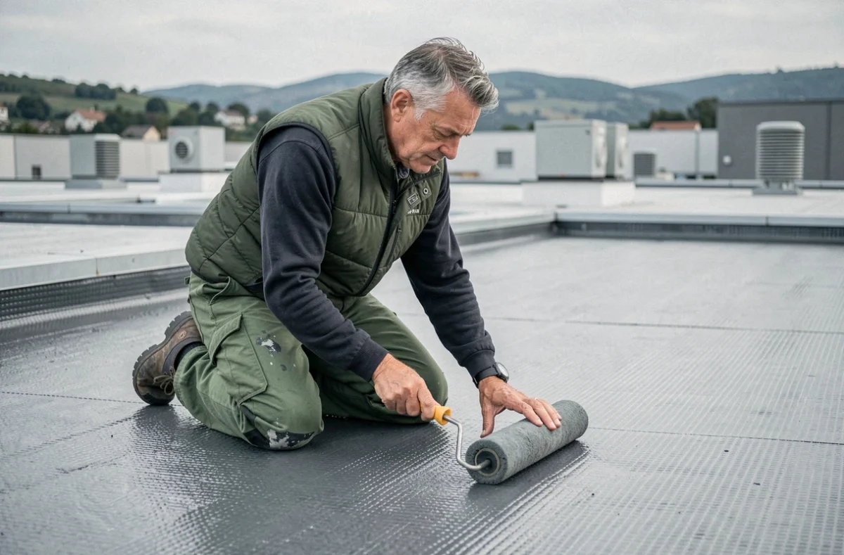 Couvreur de la Société Darmand appliquant une membrane d'étanchéité sur un toit plat commercial dans la Drôme