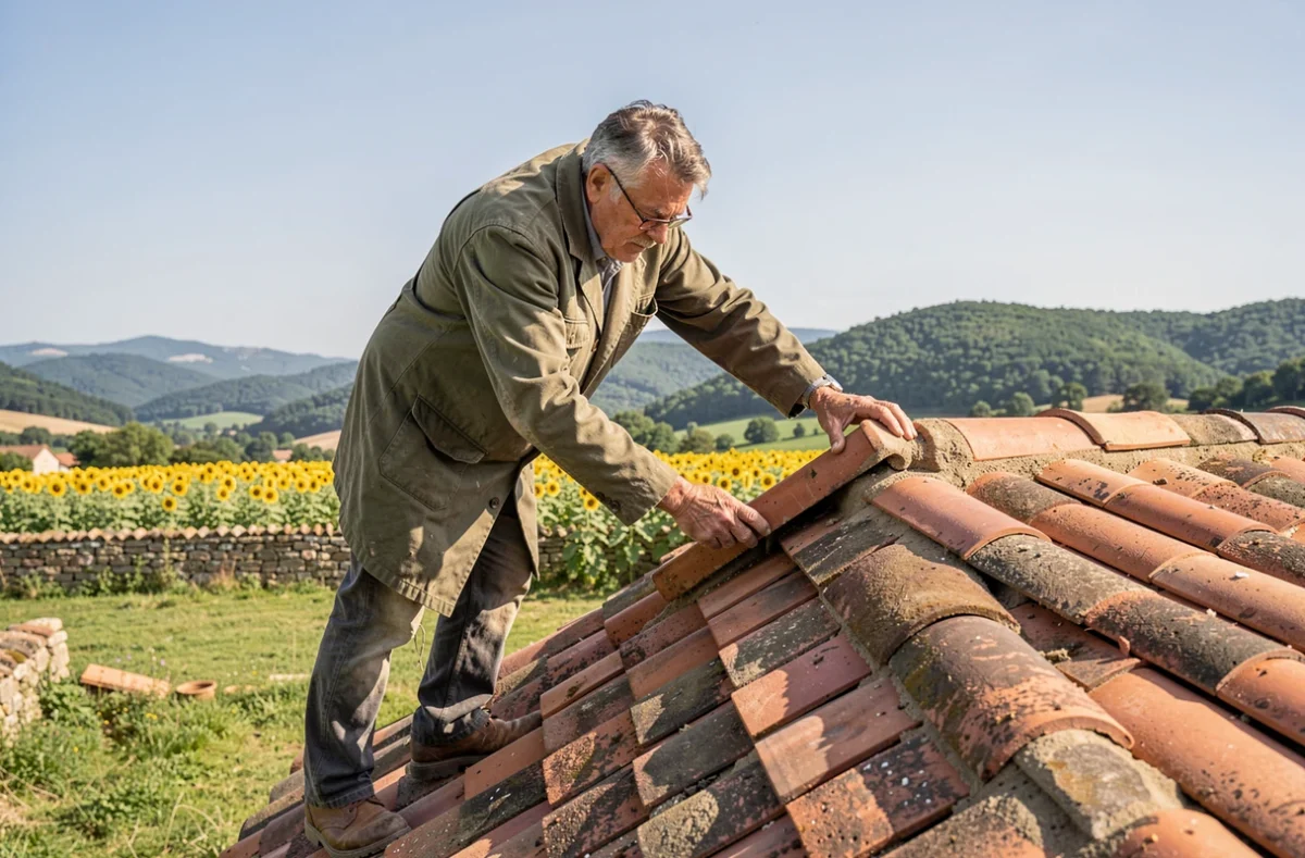Couvreur expérimenté de la Société Dromoise de Couverture ajustant un faîtage sur une ferme traditionnelle dans la Drôme