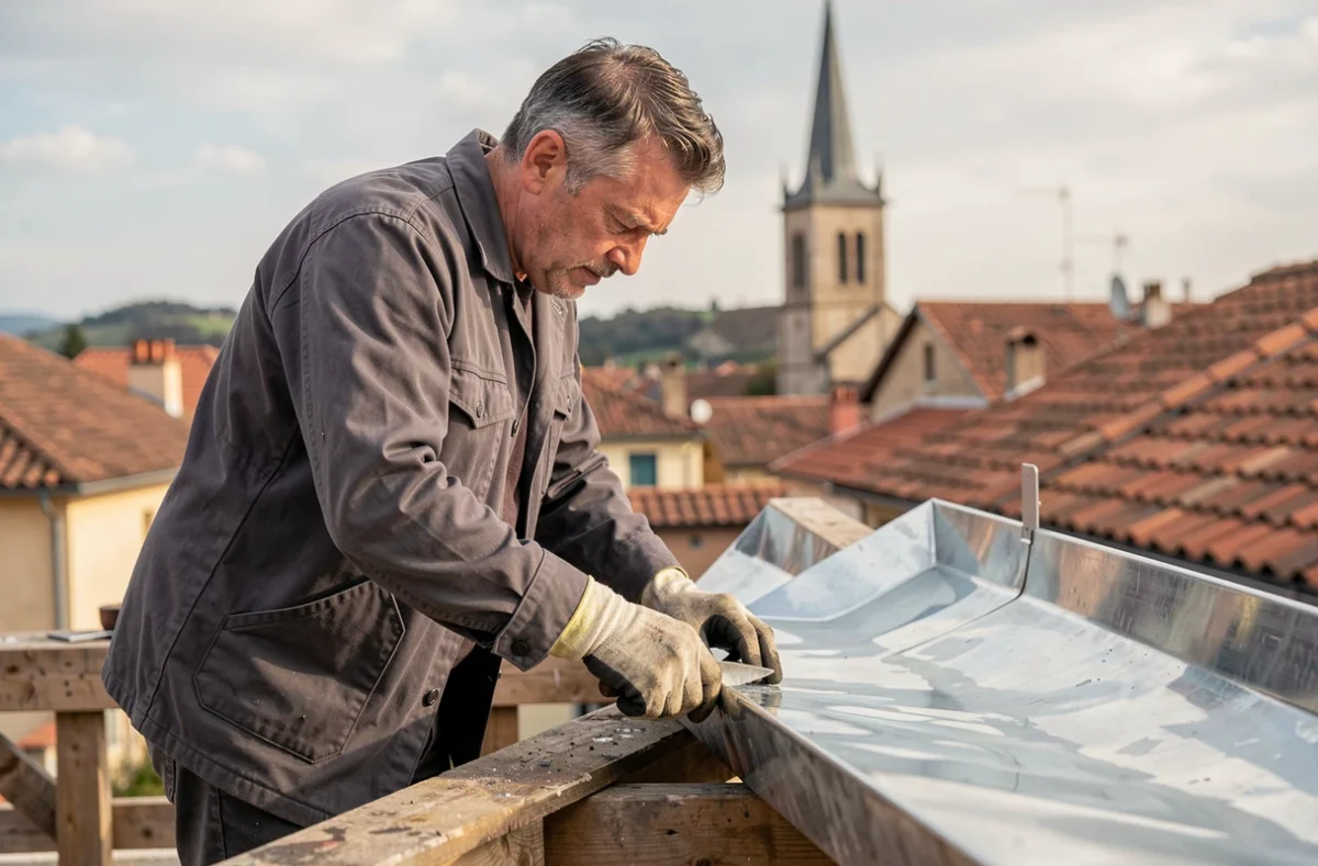 Zingueur de la Société Romanaise de Zinguerie façonnant une gouttière en zinc sur un toit de Romans-sur-Isère