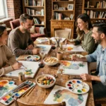 Groupe d'amis adultes autour d'une table faisant de la peinture aquarelle lors d'une soirée créative conviviale