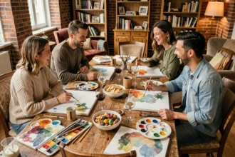 Groupe d'amis adultes autour d'une table faisant de la peinture aquarelle lors d'une soirée créative conviviale
