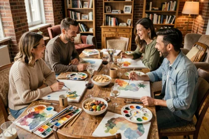 Groupe d'amis adultes autour d'une table faisant de la peinture aquarelle lors d'une soirée créative conviviale