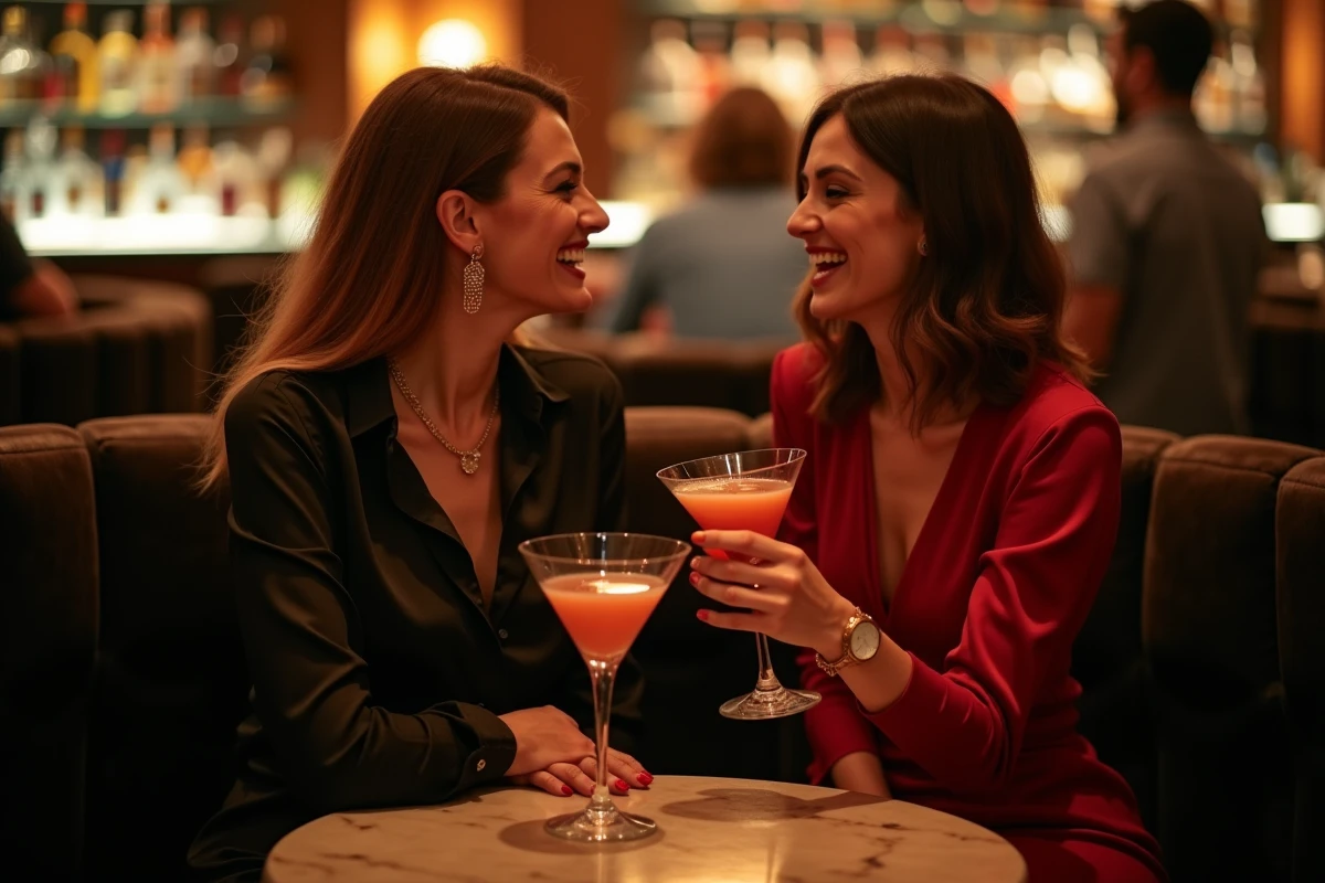 Deux femmes élégantes savourant des cocktails dans un espace VIP d'une boîte de nuit marseillaise