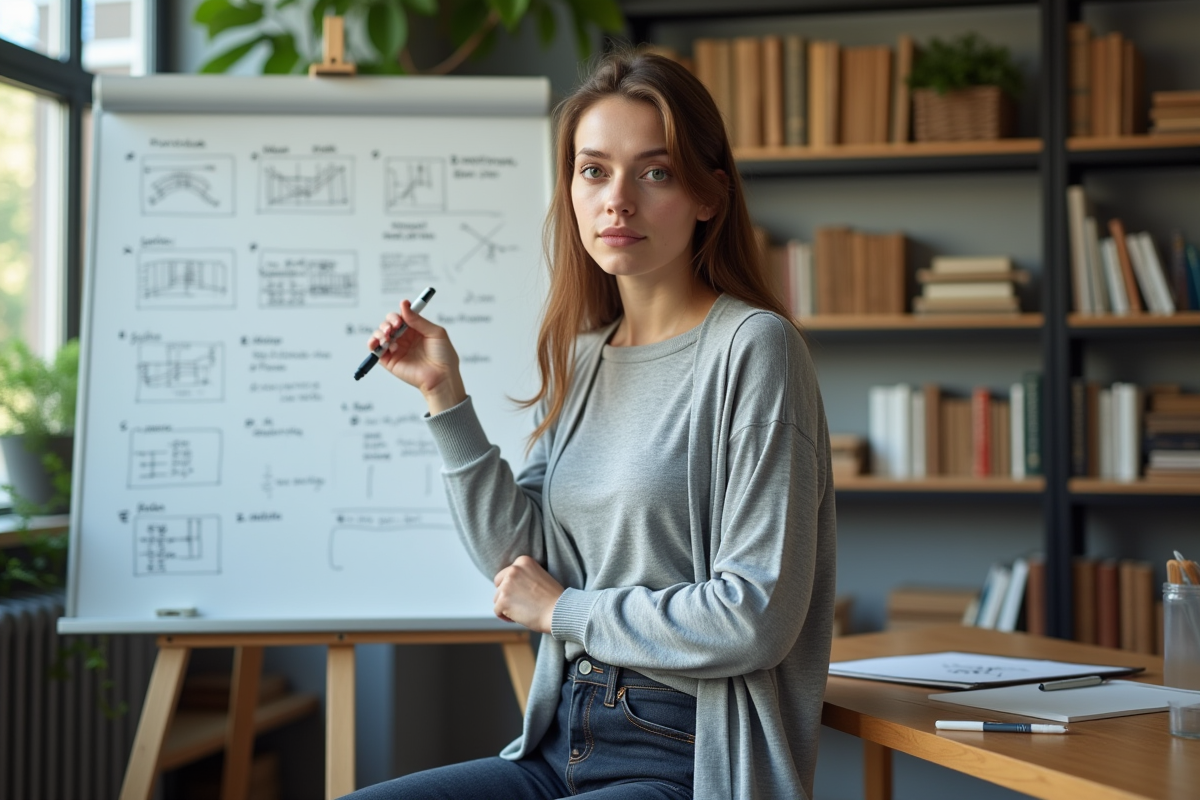 Femme spécialiste en IA devant tableau avec algorithmes
