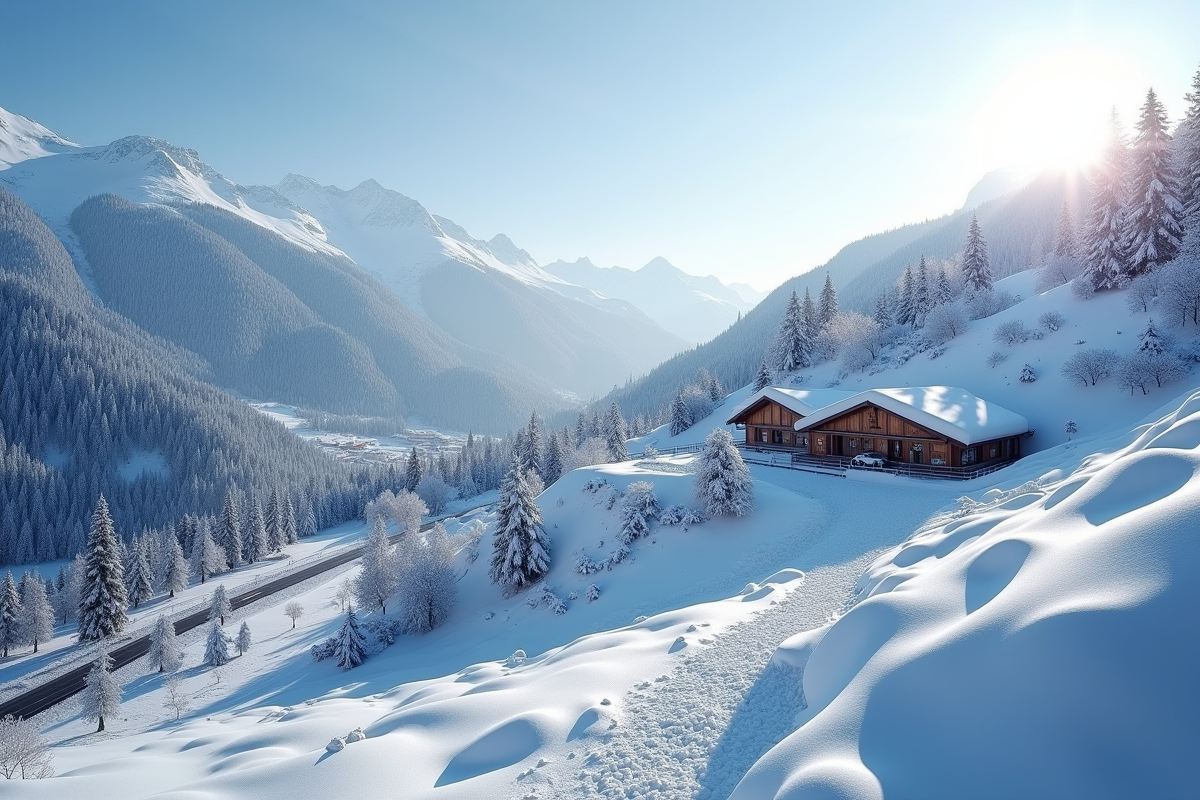 Station de neige au Bessat vue d'en haut en matinée d'hiver