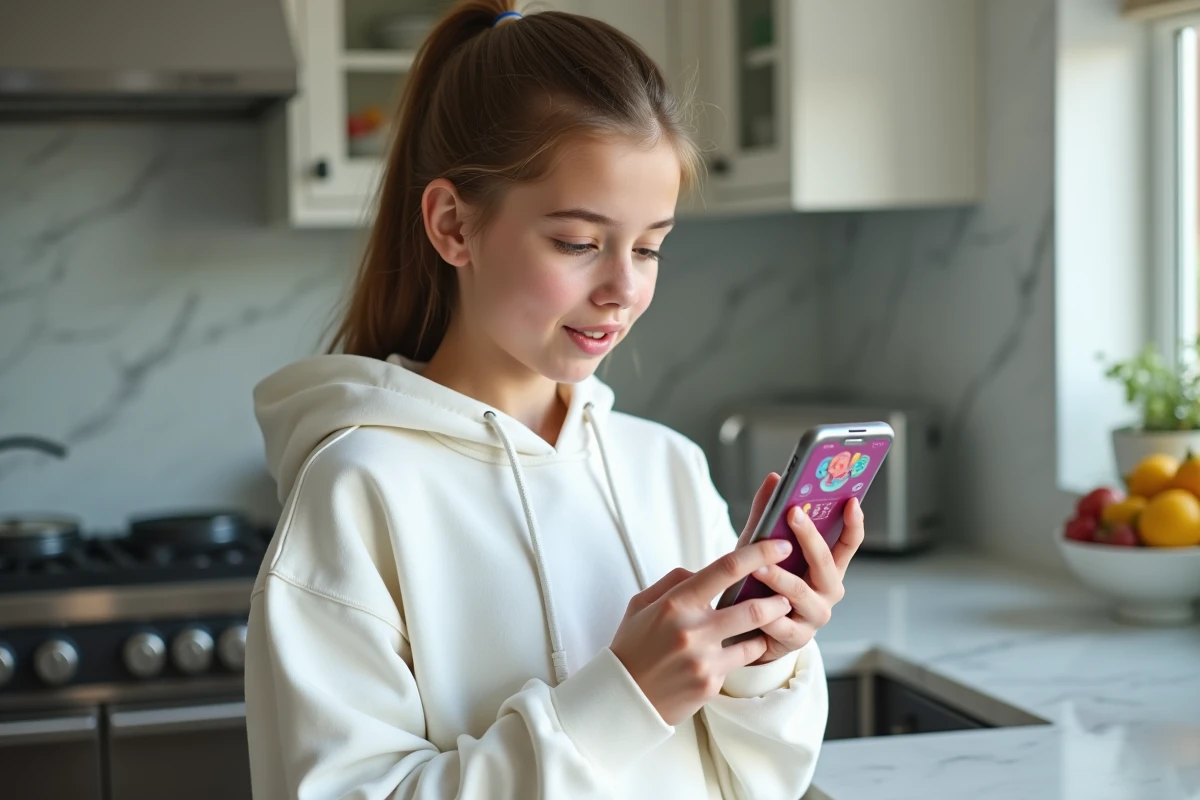 Adolescente regardant des stories Instagram sans compte sur son téléphone dans une cuisine moderne