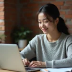 Jeune femme suivant sa progression de mots en direct sur un ordinateur portable dans un bureau à domicile chaleureux