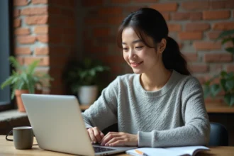 Jeune femme suivant sa progression de mots en direct sur un ordinateur portable dans un bureau à domicile chaleureux