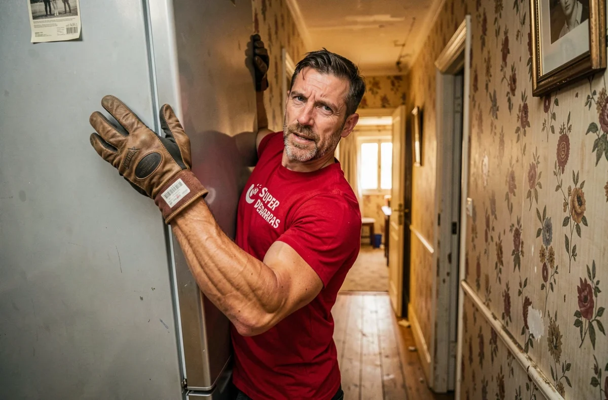 Déménageur de Super Débarras portant un réfrigérateur dans le couloir étroit d'une maison