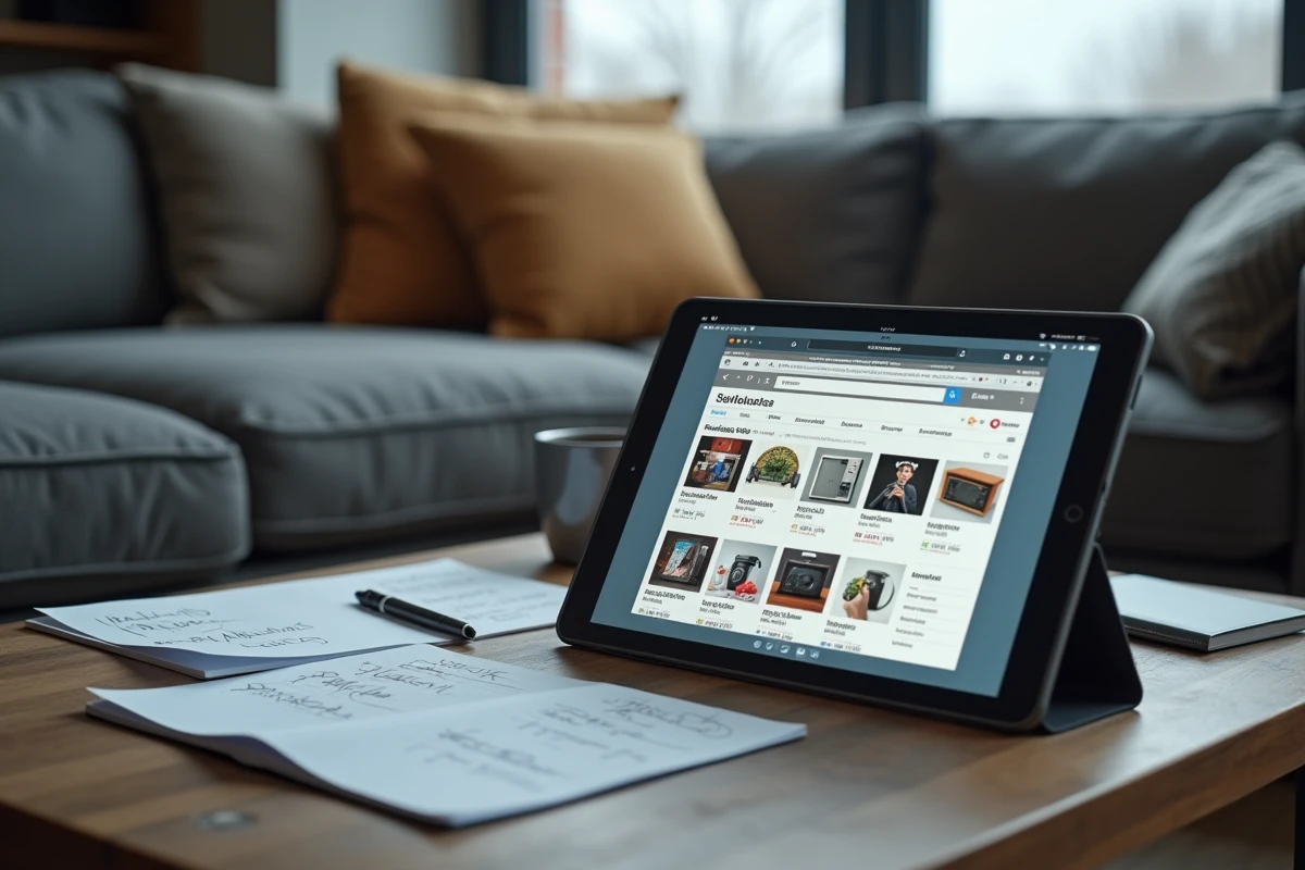 Vue d'ensemble d'une table basse avec tablette comparant les remises des boutiques en ligne pour le Cyber Monday