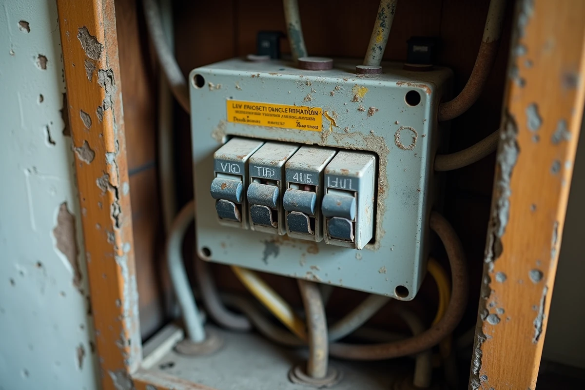 Tableau électrique vétuste et câblage obsolète dans un appartement haussmannien à Bordeaux nécessitant un contrôle urgent