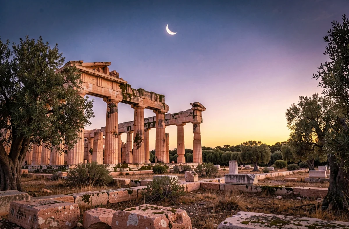 Ruines d'un temple grec antique au crépuscule avec lune et horizon doré, symboles des divinités jumelles Artémis et Apollon