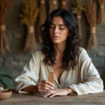 Femme tenant une seule rune en bois entre ses doigts, assise à une table en bois rustique dans un intérieur en pierre, représentant le tirage d'une rune unique pour une guidance directe