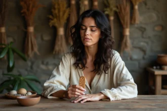 Femme tenant une seule rune en bois entre ses doigts, assise à une table en bois rustique dans un intérieur en pierre, représentant le tirage d'une rune unique pour une guidance directe