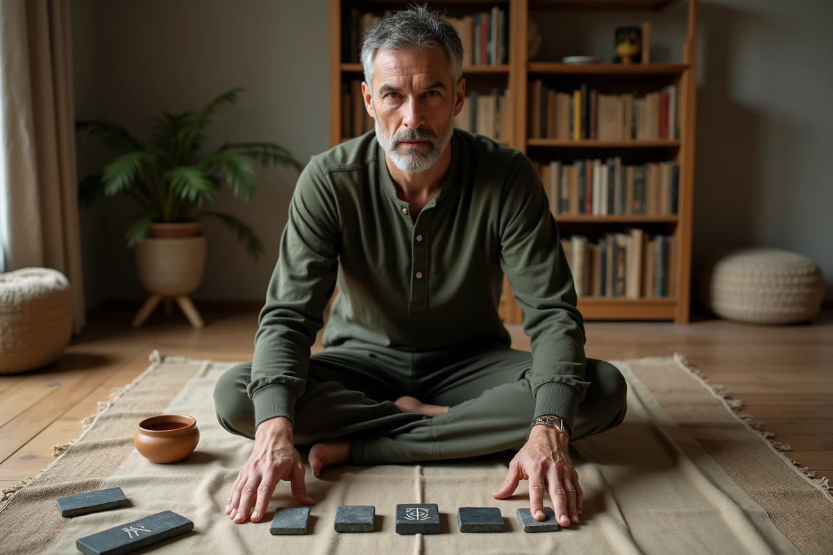 Homme disposant trois runes en pierre sur un tissu de lin, assis en tailleur sur un tapis en jute dans un salon minimaliste, illustrant le tirage à trois runes pour une lecture approfondie