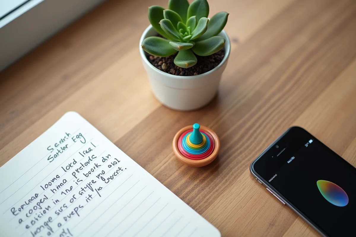 Vue de dessus d'un bureau minimaliste avec une toupie Google en rotation, un smartphone et un carnet de notes pour se concentrer au travail