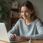 Femme utilisant une toupie Google pour se concentrer au travail devant son ordinateur portable dans un bureau à domicile