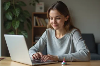 Femme utilisant une toupie Google pour se concentrer au travail devant son ordinateur portable dans un bureau à domicile