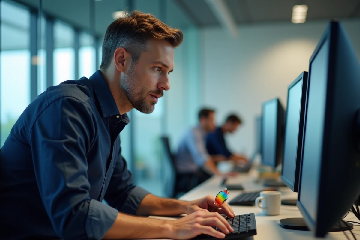 Homme en open space utilisant une toupie Google sur son bureau pour améliorer sa concentration au travail