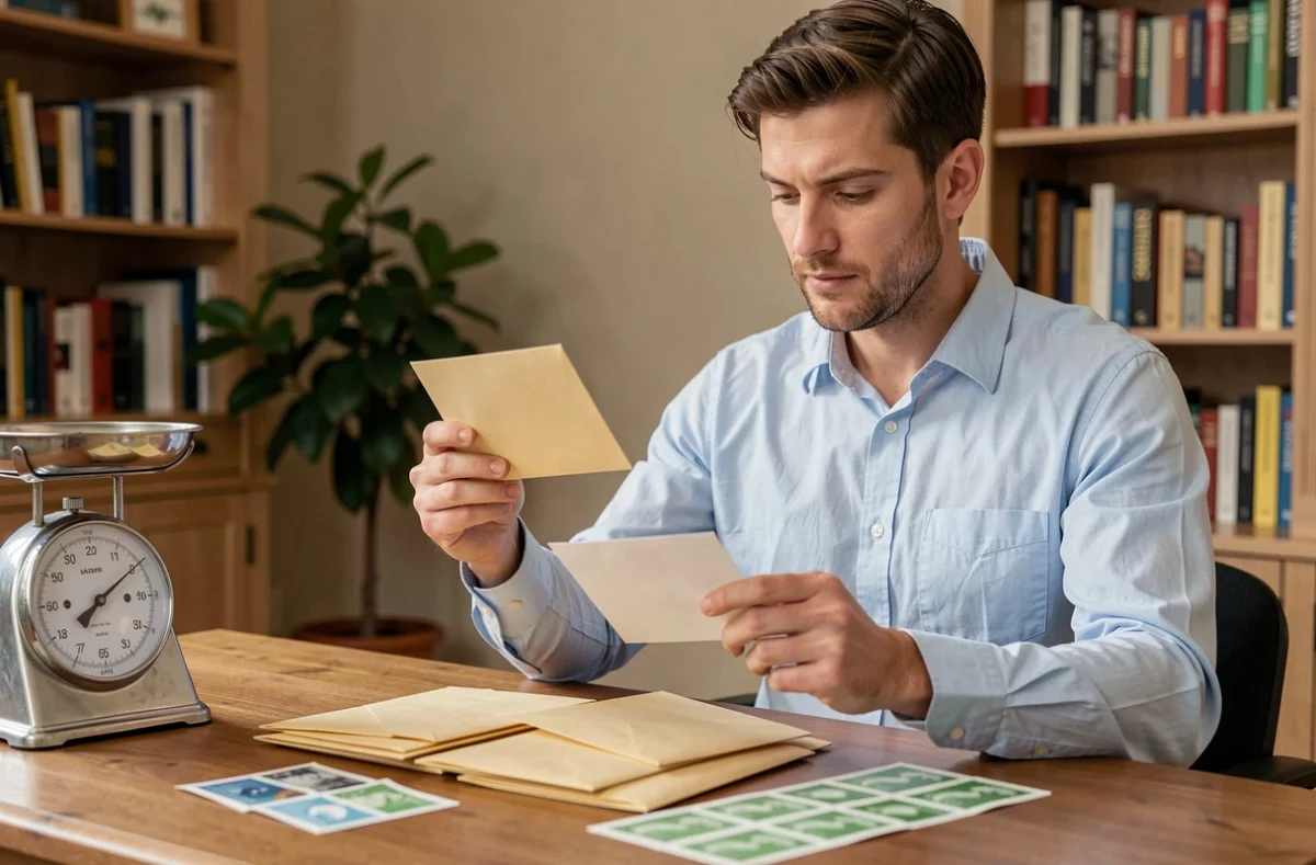 Homme triant des enveloppes et des timbres Lettre verte sur un bureau à domicile avec une balance postale analogique