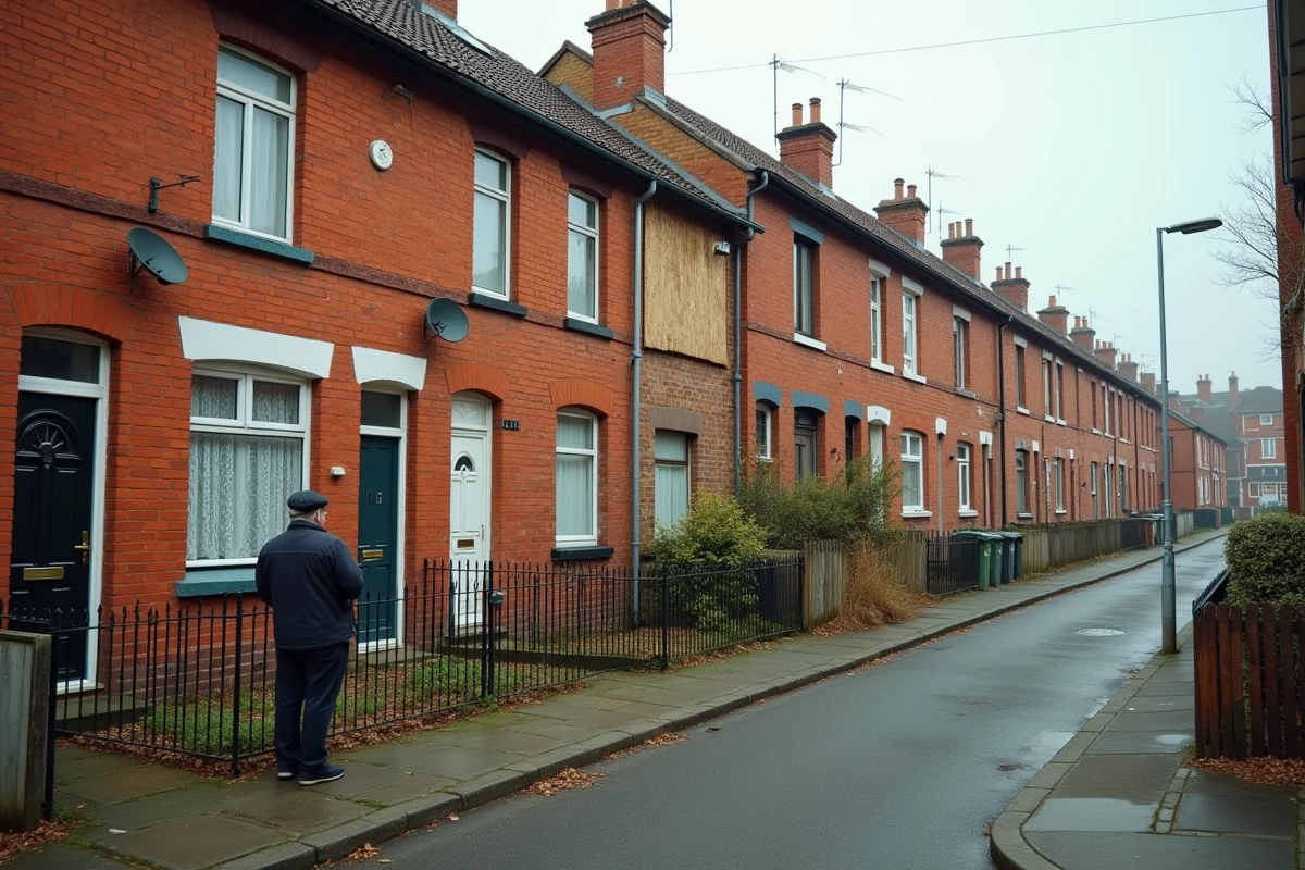 Rangée de maisons en briques rouges dans un quartier minier de Valenciennes avec un retraité jardinant