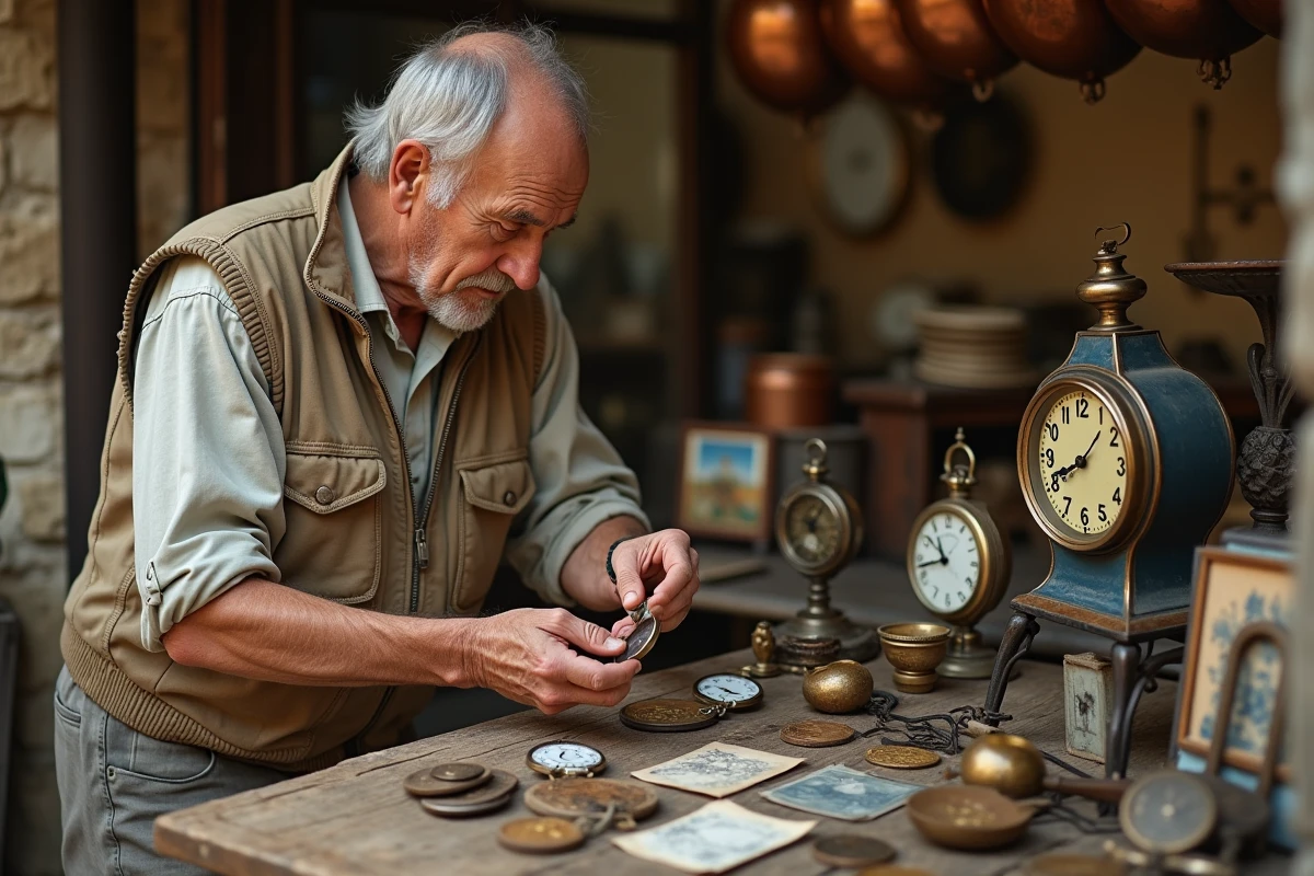 Vendeur âgé examinant une montre de poche ancienne sur un stand de brocante en Aveyron