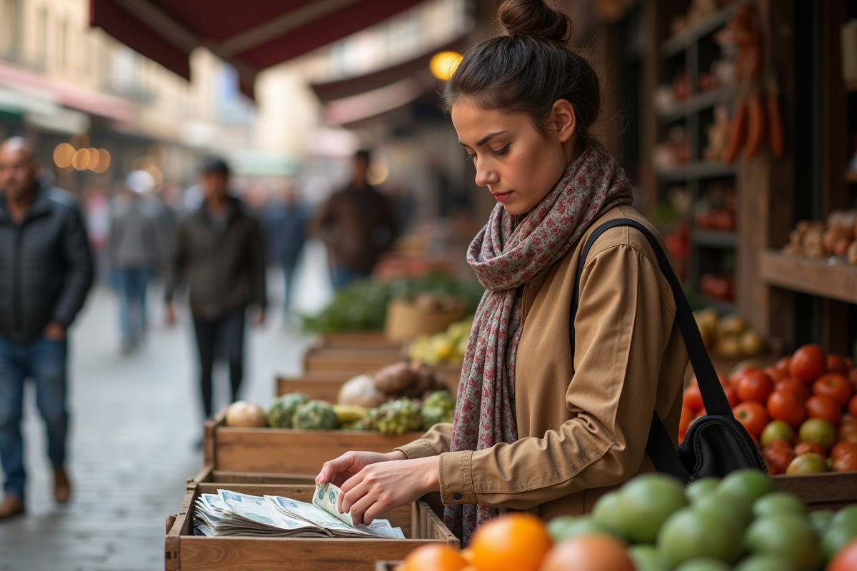 Jeune vendeuse comptant de la monnaie dans un marché
