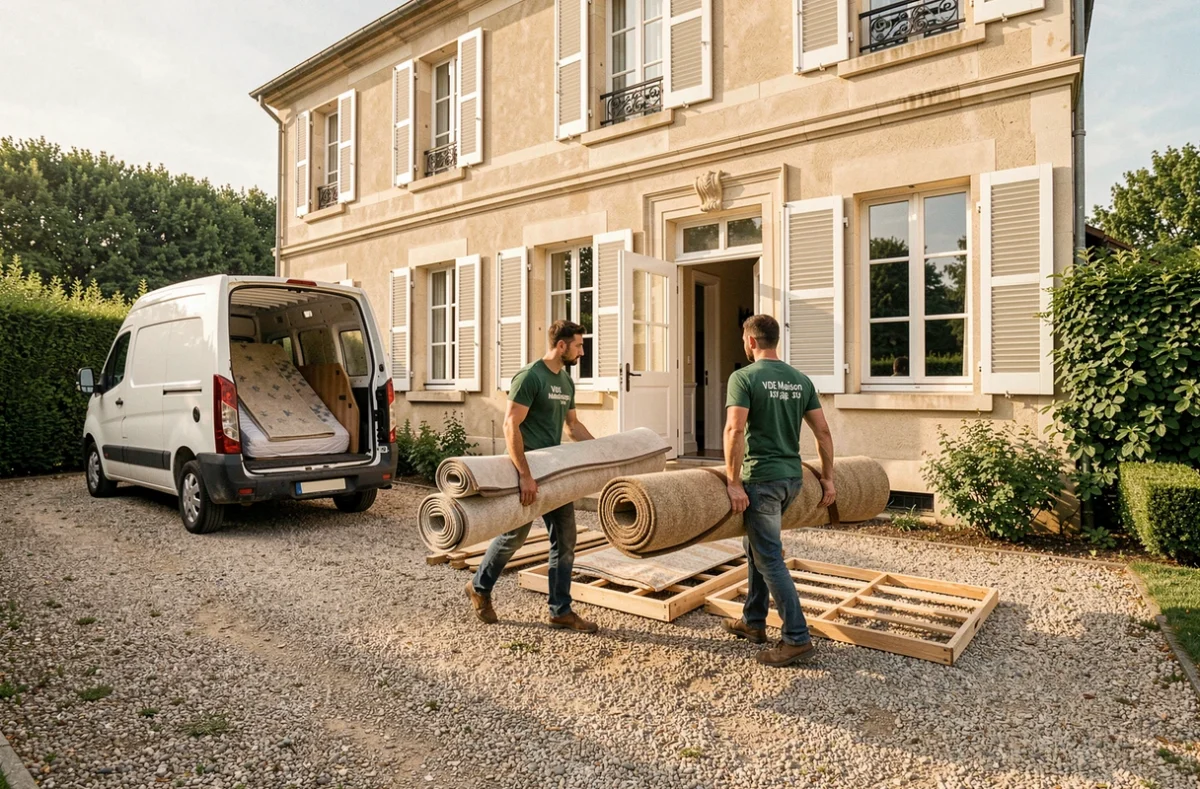 Travailleurs de Vide Maison 33 déchargeant meubles et tapis d'une maison bordelaise typique