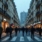 Vue urbaine d'une rue française typique au crépuscule, symbolisant les villes perçues comme dangereuses en France