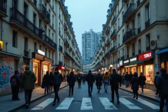 Vue urbaine d'une rue française typique au crépuscule, symbolisant les villes perçues comme dangereuses en France