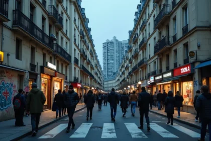 Vue urbaine d'une rue française typique au crépuscule, symbolisant les villes perçues comme dangereuses en France