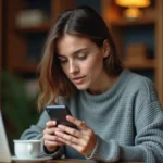 Jeune femme consultant des stories Instagram anonymement sur son smartphone depuis un bureau à domicile