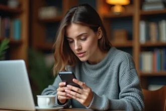 Jeune femme consultant des stories Instagram anonymement sur son smartphone depuis un bureau à domicile